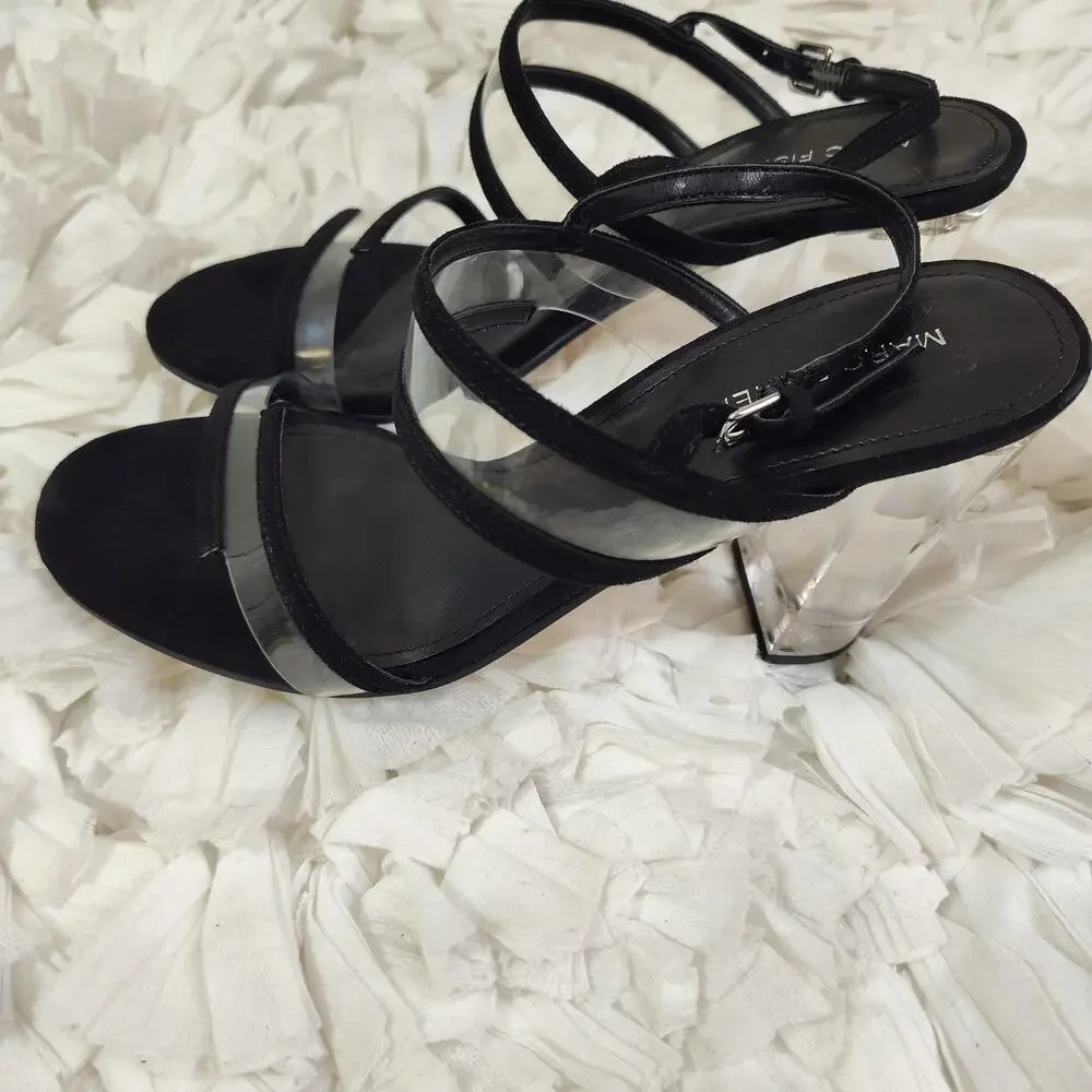 Marc Fisher Shoes Womens Size 9 Black Strappy Sandals Clear Lucite Block Heel